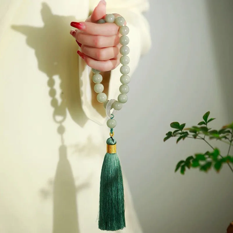 Bracelet Beaded Men - Green Jade Stone 12mm Beads Tassel