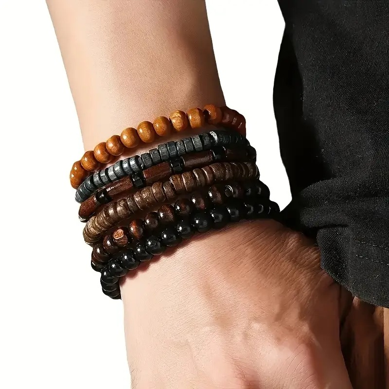 41PCS Natural Wood Elastic Bea - Bracelet Beaded Men 评论和价格
